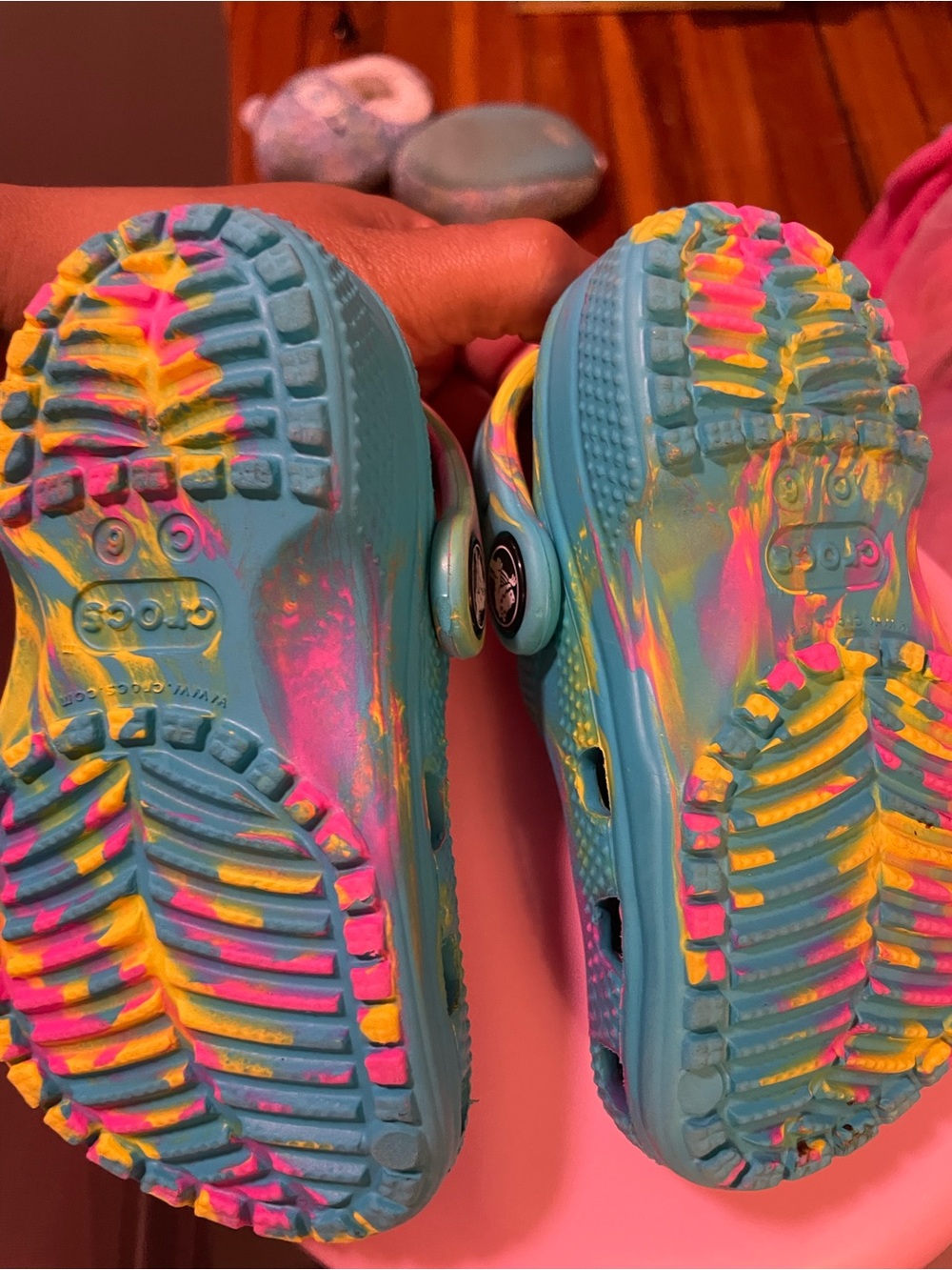 CROCS Kids Tie-Dye Blue Yellow Pink Slip-On Clogs with Character Charms - Picture 4 of 5